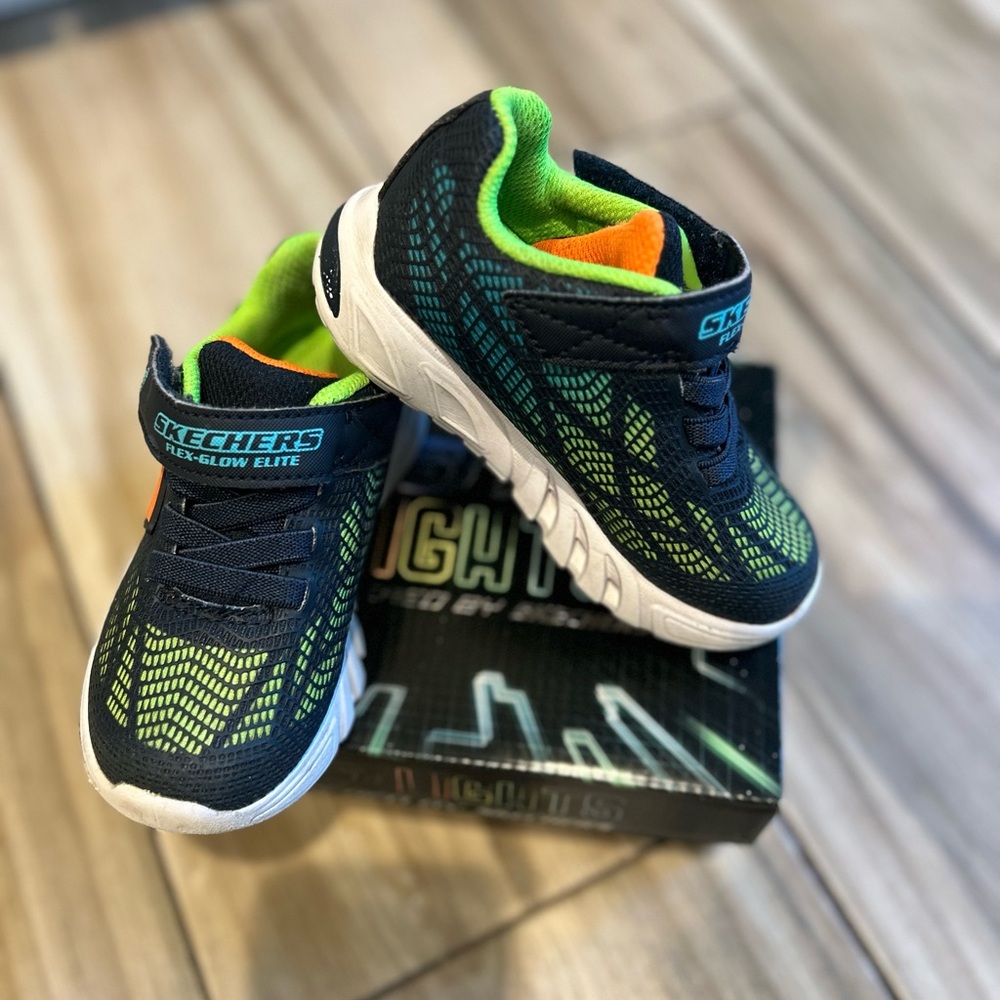Skechers Toddler Flex-Glow Elite Navy and Lime Sneakers